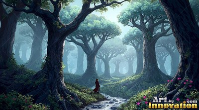 Seen from behind, a figure in a red coat stands beside a stream in a deep forest