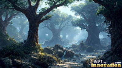 Ancient green trees flank a rocky stream flowing through cool morning mist