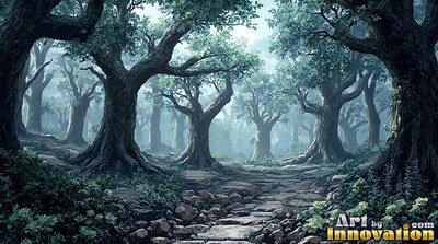 In a misty green forest, a stone path winds between old gnarled trees