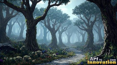 Winding through blue mist, a stone path leads past twisted trees and wildflowers
