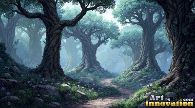 Twisted dark bark covers thick trees along a dirt path through a misty teal forest with small purple flowers