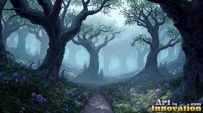 A dirt path leads between twisted trees into pale teal fog along purple wildflowers