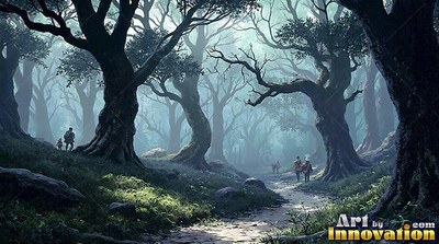 Walking away down a dirt path, small figures traverse a dim forest under teal mist