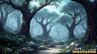 A rocky dirt path winds through thick twisted trees in pale blue misty light