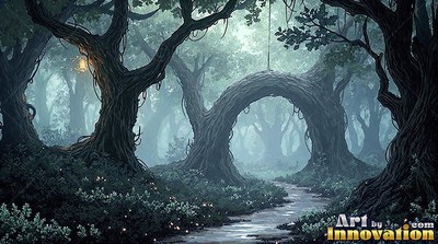 In a foggy teal forest, a twisted tree forms an arch over a quiet stream
