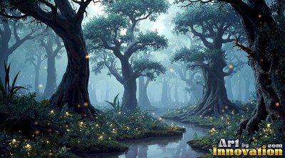 Winding through teal fog, a shallow stream flows past old trees and yellow fireflies