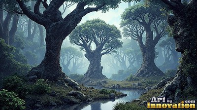 Gnarled green trees beside a small stream in pale mist