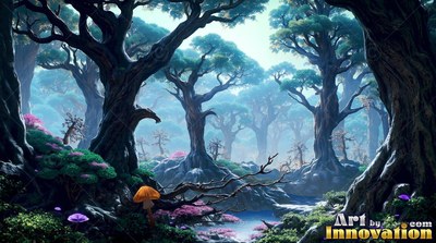 Thick twisted branches cover ancient trees beside a stream in a blue misty forest
