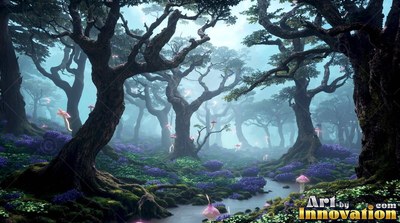 Gnarled trees twist over purple moss along a quiet stream in pale blue mist