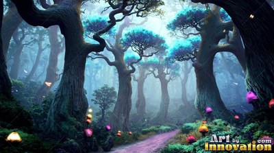 Curving trunks frame a dirt path through a blue forest of fungi and fireflies