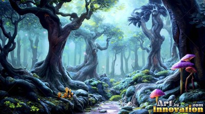 Ancient twisted trees and pink mushrooms line a path in a foggy blue forest