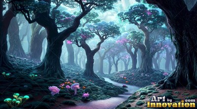 In a teal forest, a small stream winds between dark trees and pale mushrooms