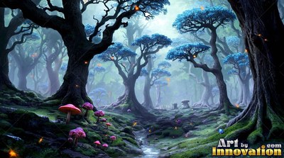 Winding through blue -leafed trees, a small stream cuts past pink mushrooms in the mist
