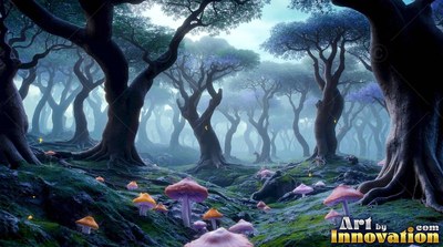Gnarled trees and pink mushrooms in a misty blue forest