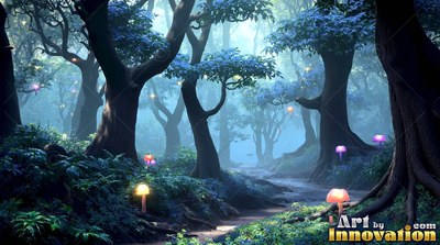 Curved dark trunks stand beside luminous mushrooms along a misty blue forest path