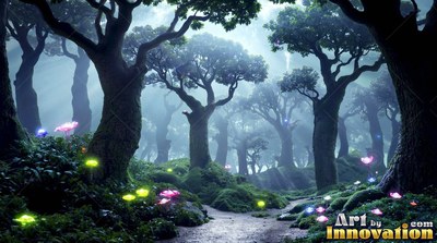 Thick trees stand along a dirt path where cool blue light shines through the fog