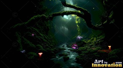 Arching low across a dark stream, a mossy tree branch spans the night woods