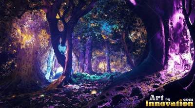 A deep forest at night filled with twisted trees shining with purple and blue light