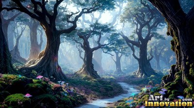 In a foggy blue forest, gnarled trees stand over a quiet stream with tiny mushrooms