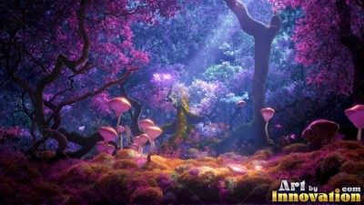 Sprouting from mossy ground, pink mushrooms sit in a dark purple forest under shafts of light