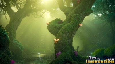 Mossy twisted tree in yellow sunlight in a green forest