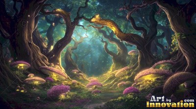 Curving branches arch over pink mushrooms lit from below along a dim forest path
