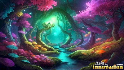 A forest stream winds under curved trees, lit by bright green light in the distance