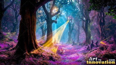 Crouching in a purple forest, small figures watch beams of bright yellow light