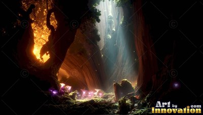 Sunlight shines down into a dark hollow tree with purple mushrooms inside