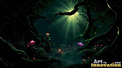 In a dense forest, pink and orange mushrooms sit under beams of green light