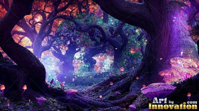 Shining in deep violet light, ancient gnarled trees shelter bright purple mushrooms