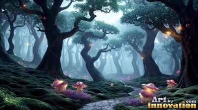 A stone path through a misty teal forest with pink mushrooms