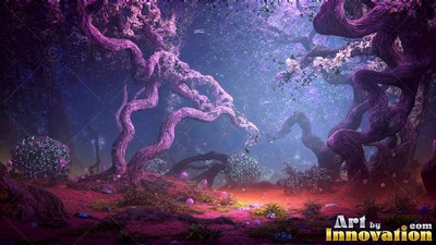 Twisted purple bark covers winding trees standing in a shadowy forest with pink blossoms