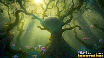 A twisted tree spreads thick branches under yellow sunlight in a green wood
