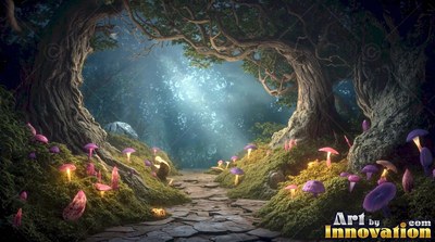 Arching overhead in a misty forest, two gnarled trees frame a stone path