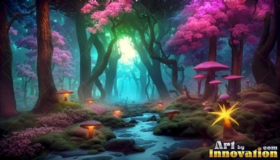 A forest path with pink flowering trees and bright mushrooms by a shallow stream