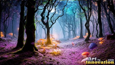 In a dense forest, orange mushrooms sprout beneath crooked black trees