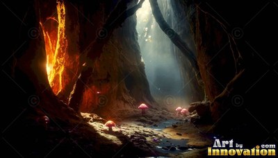 Winding between dark rock walls, a forest path is dotted with red mushrooms