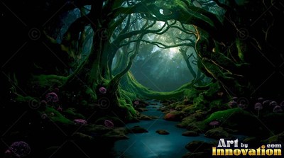 A dark forest with mossy trees over a blue stream