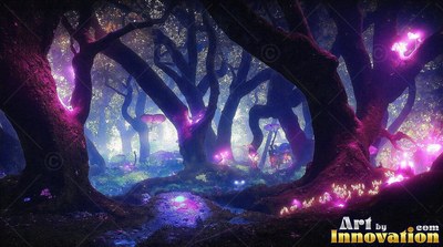 Rough dark bark lined with bright pink fungus shapes curved trees in a misty blue forest