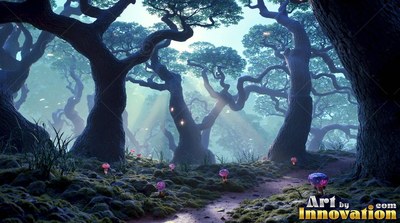 Twisted trees bend over a narrow mossy path under soft teal light beams