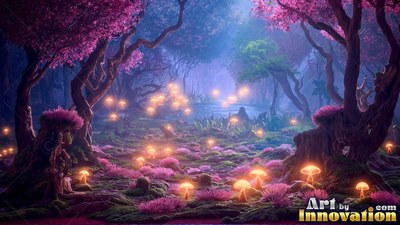 Viewed from ground level, bright mushrooms shine in a pink forest clearing