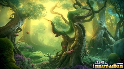 Old twisted trees and little pink mushrooms stand in a misty green wood