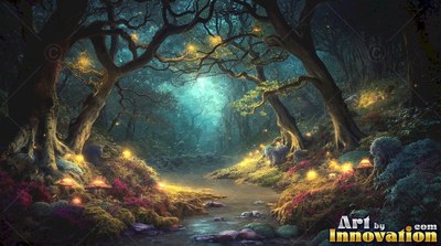 In a dark teal forest, crooked trees curve over a stream lit with tiny fireflies