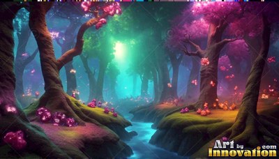 Winding through pink blossoms, a blue stream cuts through dark woods