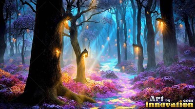 Forest path lit by small lanterns hanging on dark trees under blue light