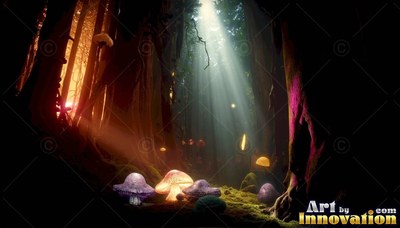 Sh ining purple and yellow mushrooms cluster on moss under shafts of light in a dark wood