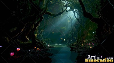 A narrow stream winds past dark trees under a beam of soft teal moonlight