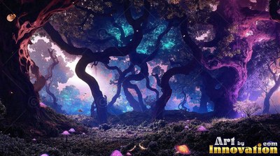 Curving upward in a night woods, twisted dark trees frame purple and blue light