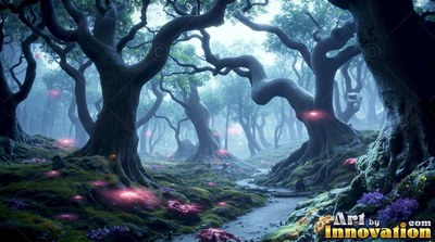 Twisted old trees stand over a little stream with pink lights in teal fog